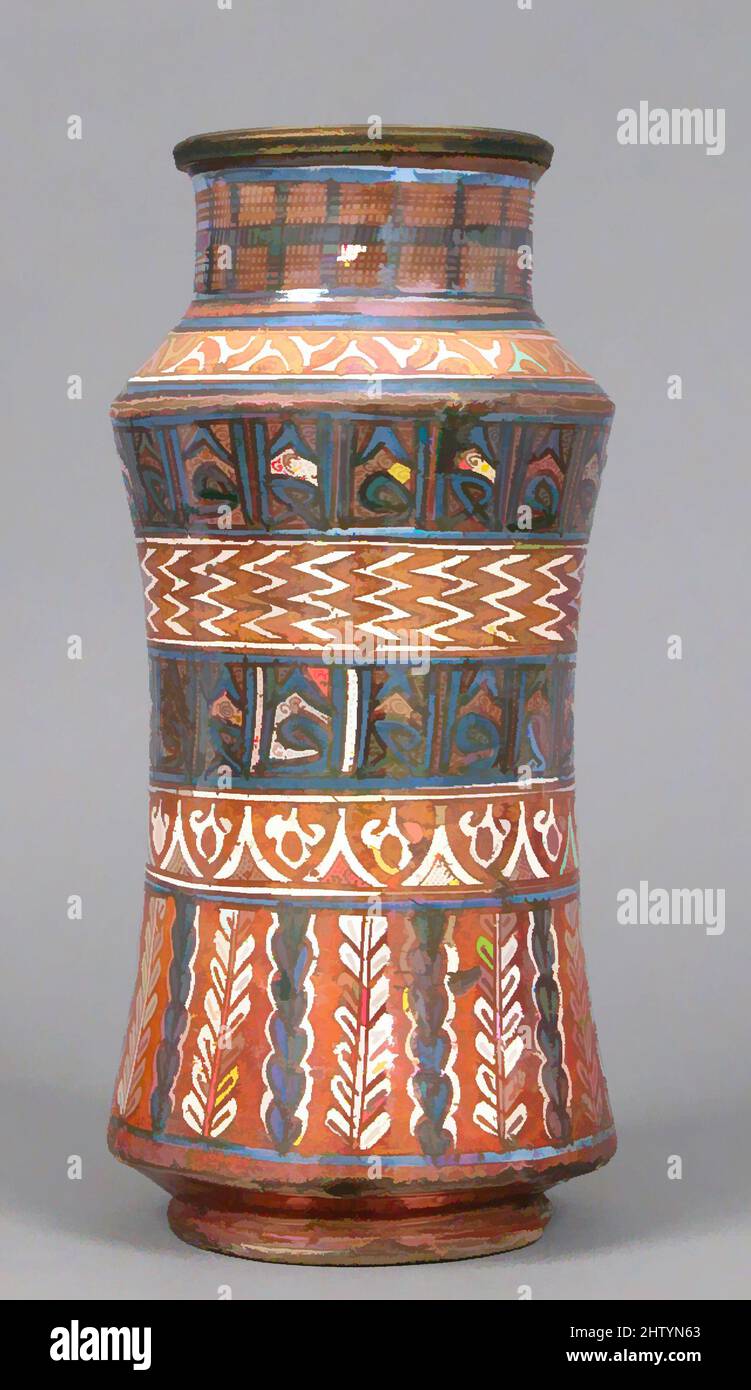 Art inspired by Pharmacy Jar, 1400–1450, Made in probably Manises, Valencia, Spain, Spanish, Tin-glazed earthenware, Overall: 13 1/16 x diam. 6 1/8 in. (33.2 x diam. 15.6 cm), Ceramics, This work is decorated with many of the motifs favored for pharmacy jars, including two bands, Classic works modernized by Artotop with a splash of modernity. Shapes, color and value, eye-catching visual impact on art. Emotions through freedom of artworks in a contemporary way. A timeless message pursuing a wildly creative new direction. Artists turning to the digital medium and creating the Artotop NFT Stock Photo