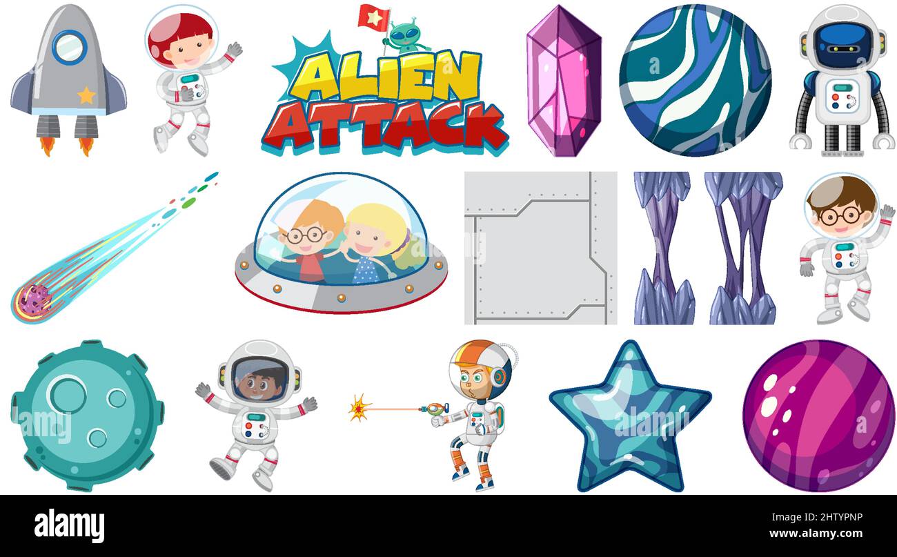 Set of isolated fantasy space game objects and elements illustration ...