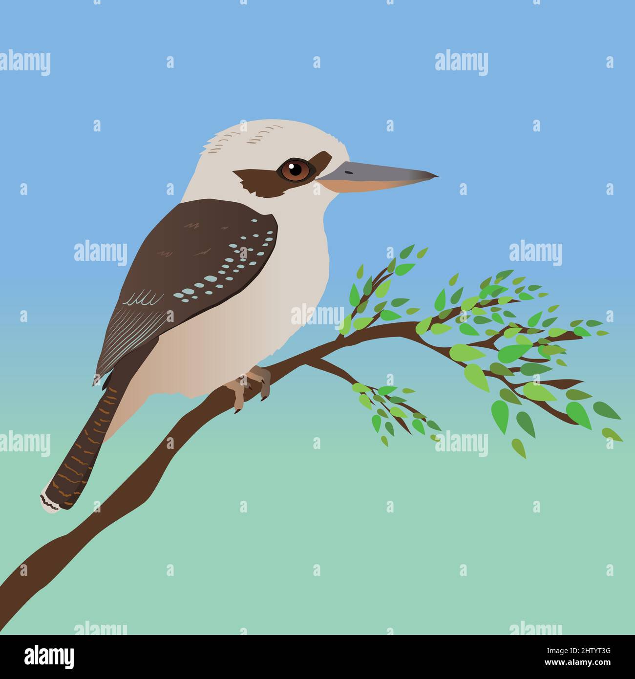 A vector illustration of a kookaburra. The bird is perched on a branch with some leafs. The background is a blue and green gradient. Stock Vector