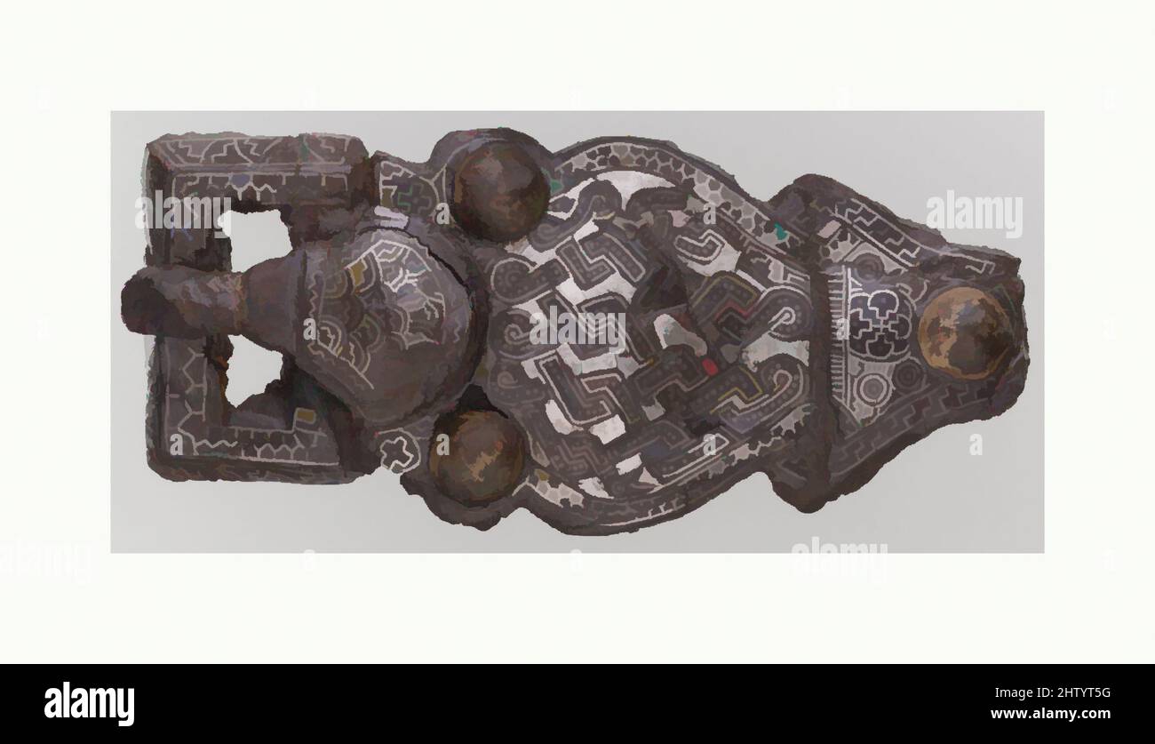 Art inspired by Belt Buckle, ca. 600, Frankish, Iron with silver inlay and copper alloy rivets, Overall: 6 x 1 1/2 x 2 11/16 in. (15.3 x 3.8 x 6.8 cm), Metalwork-Iron, Belts were important features of early medieval dress. Not only did they serve the practical function of holding, Classic works modernized by Artotop with a splash of modernity. Shapes, color and value, eye-catching visual impact on art. Emotions through freedom of artworks in a contemporary way. A timeless message pursuing a wildly creative new direction. Artists turning to the digital medium and creating the Artotop NFT Stock Photo