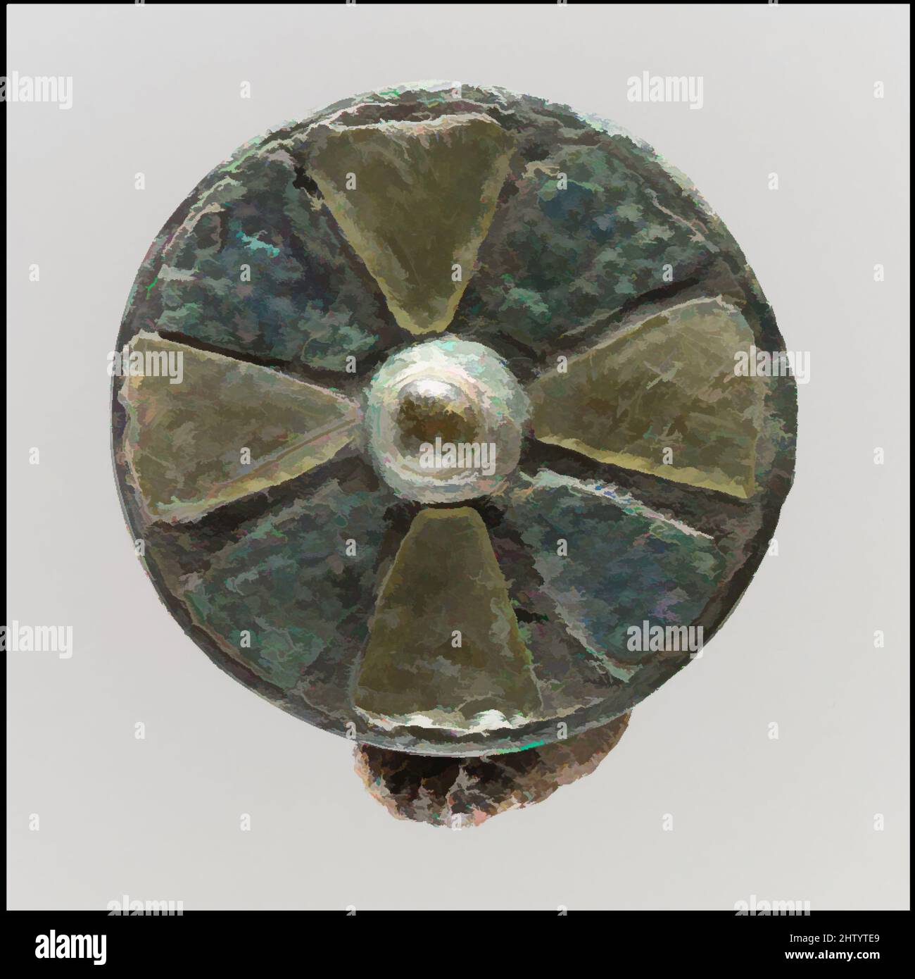 Art inspired by Disk Brooch, 6th century, Frankish, Copper alloy cloisons, side and back; glass and patterned copper alloy, Overall: 1 3/8 x 13/16 in. (3.5 x 2 cm), Metalwork-Copper, Garnets, worked in the cloisonné technique, featured prominently in the luxury jewelry of the Franks, Classic works modernized by Artotop with a splash of modernity. Shapes, color and value, eye-catching visual impact on art. Emotions through freedom of artworks in a contemporary way. A timeless message pursuing a wildly creative new direction. Artists turning to the digital medium and creating the Artotop NFT Stock Photo