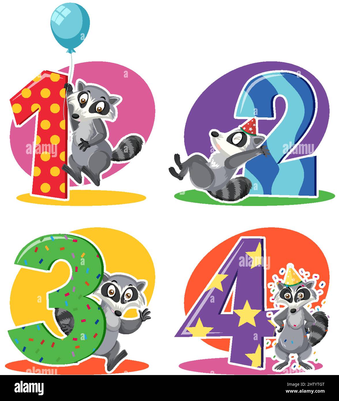 Set of different raccoon holding the numbers isolated on white background illustration Stock Vector