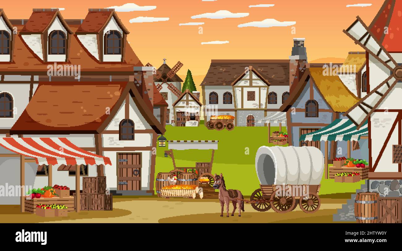 Medieval town scene with villagers illustration Stock Vector Image ...