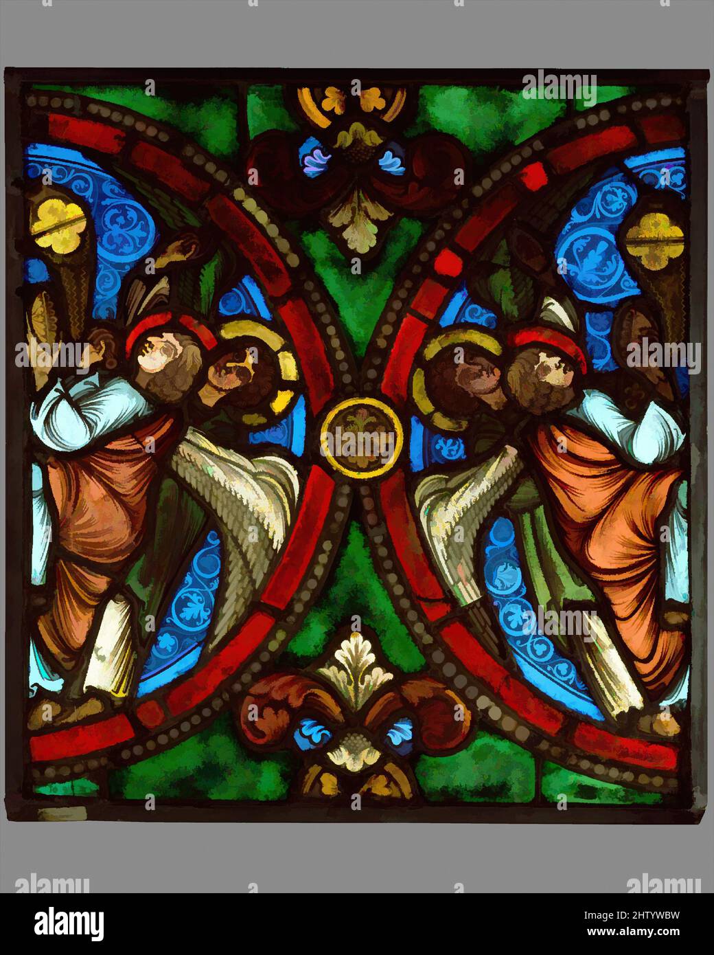 Art inspired by Angels Swinging Censers, ca. 1170, Made in Troyes, French, Pot-metal glass, vitreous paint, and lead, 18 1/2 x 17 5/16 in. (47 x 44 cm), Glass-Stained, The stained glass produced for the Collegiate Church of Saint-Étienne in Troyes during the late twelfth century, Classic works modernized by Artotop with a splash of modernity. Shapes, color and value, eye-catching visual impact on art. Emotions through freedom of artworks in a contemporary way. A timeless message pursuing a wildly creative new direction. Artists turning to the digital medium and creating the Artotop NFT Stock Photo