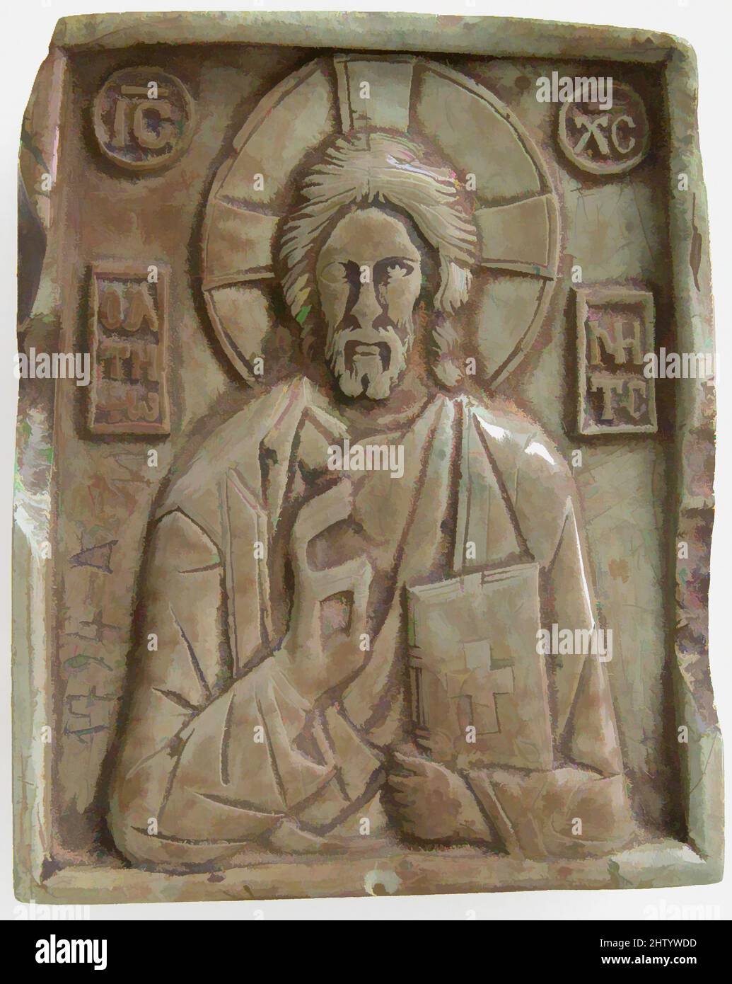 Art inspired by Icon with Christ Pantokrator, ca. 1350 or later, Made in probably Greece, Byzantine, Steatite, green, Overall: 2 5/8 x 2 5/8 x 3/4 in. (6.7 x 6.7 x 1.9 cm), Steatites, The inscription identifies the image as Christ Antiphonetes, an icon type used by the empress Zoe (r, Classic works modernized by Artotop with a splash of modernity. Shapes, color and value, eye-catching visual impact on art. Emotions through freedom of artworks in a contemporary way. A timeless message pursuing a wildly creative new direction. Artists turning to the digital medium and creating the Artotop NFT Stock Photo