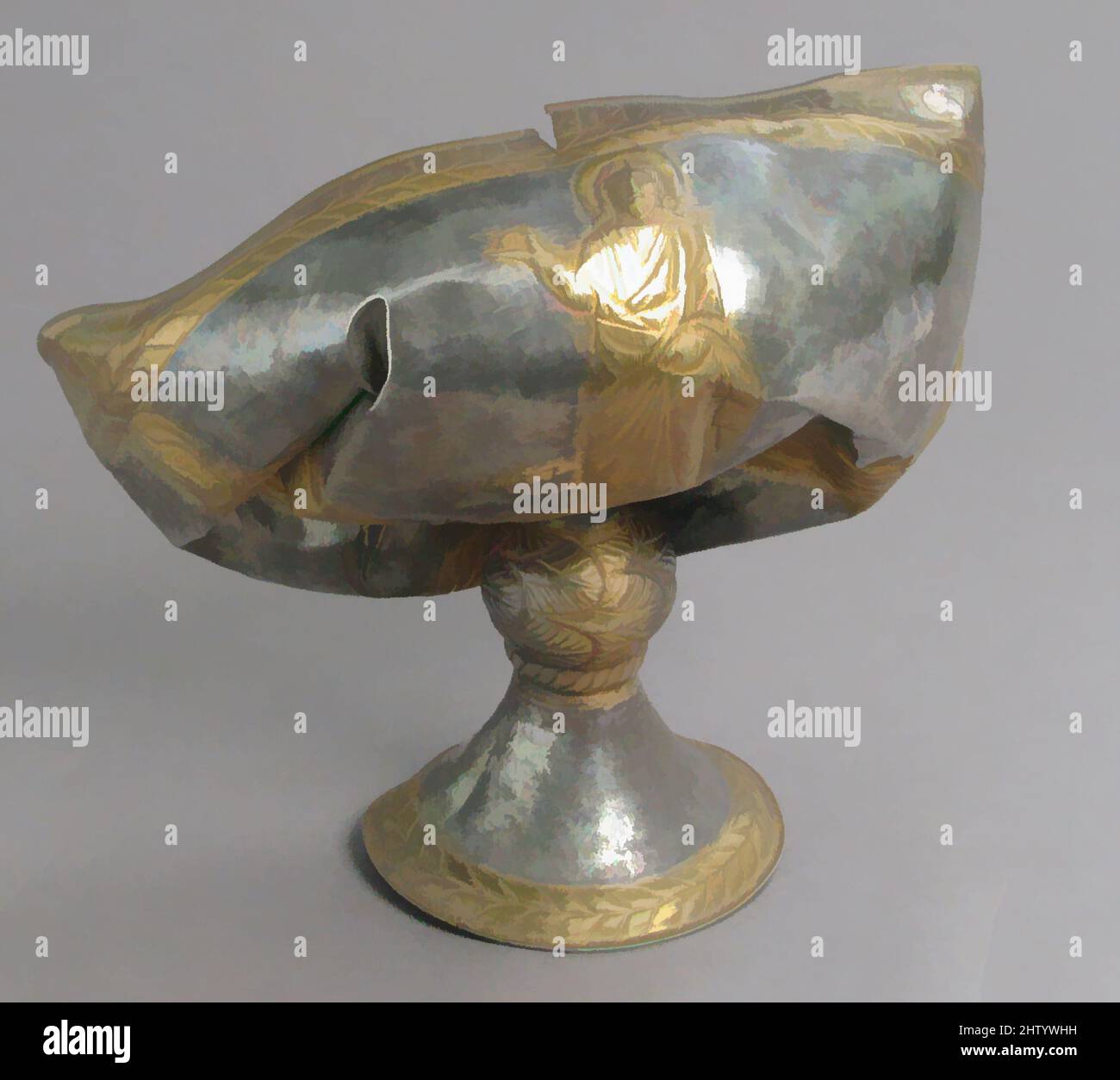Art inspired by The Attarouthi Treasure - Chalice, 500–650, Made in Attarouthi, Syria, Byzantine, Silver and gilded silver, Overall: 6 15/16 x 9 3/8 x 5 11/16 in. (17.6 x 23.8 x 14.4 cm), Metalwork-Potin, These well-wrought liturgical objects-chalices, censers, a strainer, and a, Classic works modernized by Artotop with a splash of modernity. Shapes, color and value, eye-catching visual impact on art. Emotions through freedom of artworks in a contemporary way. A timeless message pursuing a wildly creative new direction. Artists turning to the digital medium and creating the Artotop NFT Stock Photo