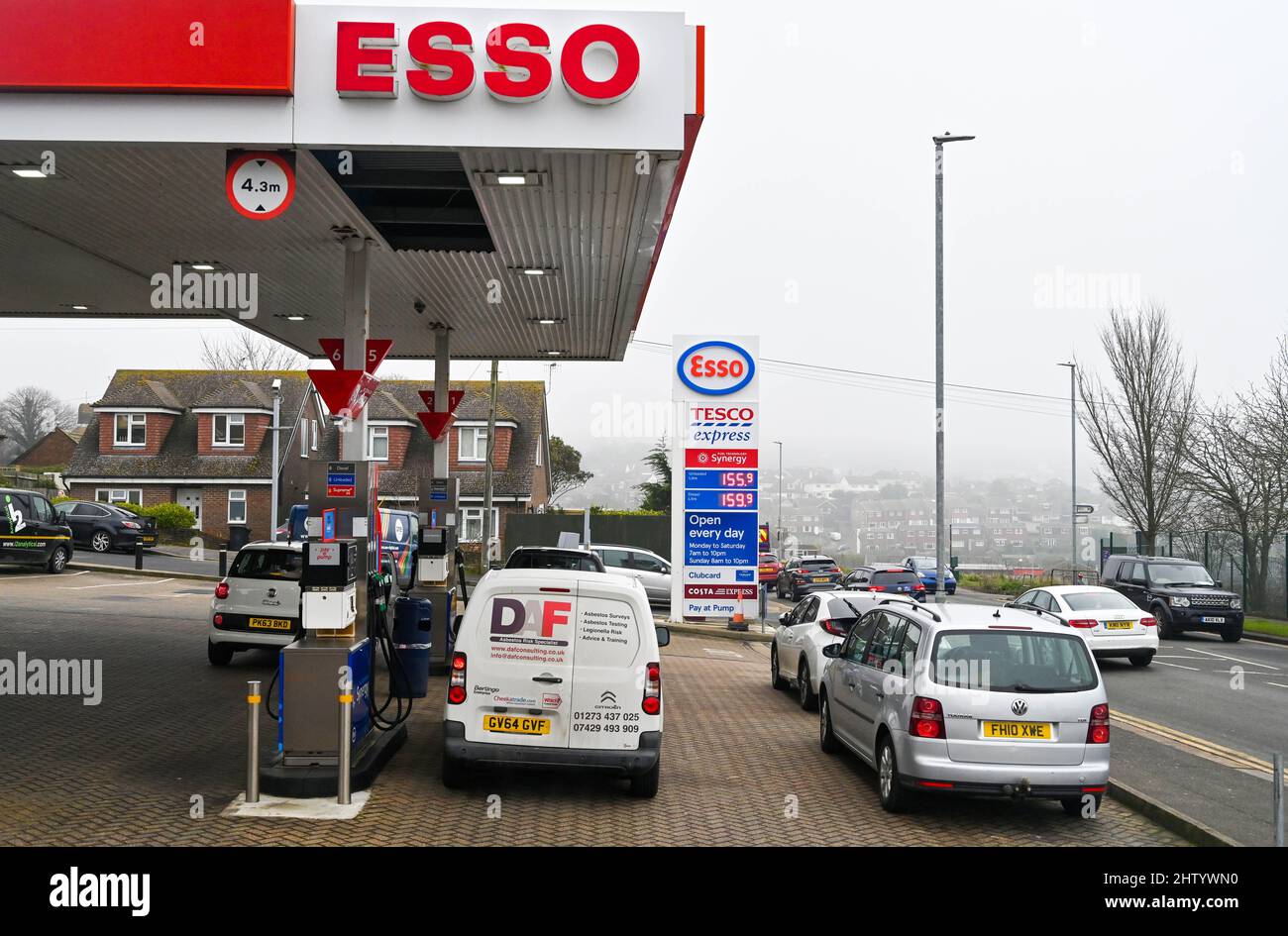 Brighton UK 3rd March 2022 - High fuel prices at an Esso petrol station in Woodingdean near Brighton as the price of oil continues to rise around the world and with the Russian invasion of Ukraine continuing : Credit Simon Dack / Alamy Live News Stock Photo