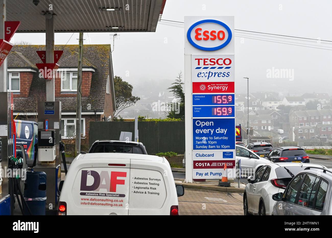 Brighton UK 3rd March 2022 - High fuel prices at an Esso petrol station in Woodingdean near Brighton as the price of oil continues to rise around the world and with the Russian invasion of Ukraine continuing : Credit Simon Dack / Alamy Live News Stock Photo