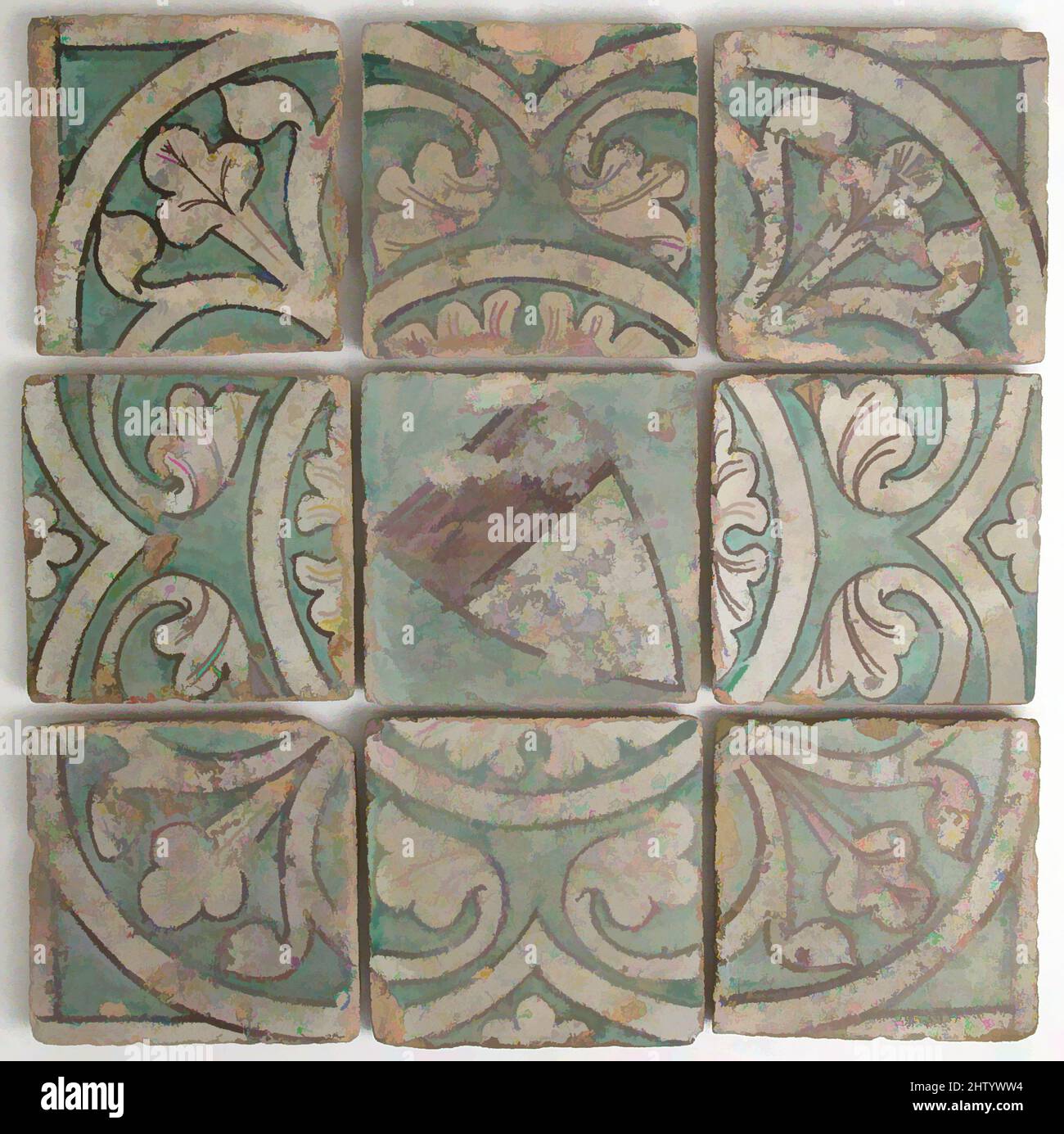 Art inspired by Nine Tiles, 14th century, French, Earthenware, tin-glazed, Overall (together with approx. 1/4' between each): 13 3/4 x 13 3/4 x 13/16 in. (35 x 35 x 2.1 cm), Ceramics-Tiles, Classic works modernized by Artotop with a splash of modernity. Shapes, color and value, eye-catching visual impact on art. Emotions through freedom of artworks in a contemporary way. A timeless message pursuing a wildly creative new direction. Artists turning to the digital medium and creating the Artotop NFT Stock Photo