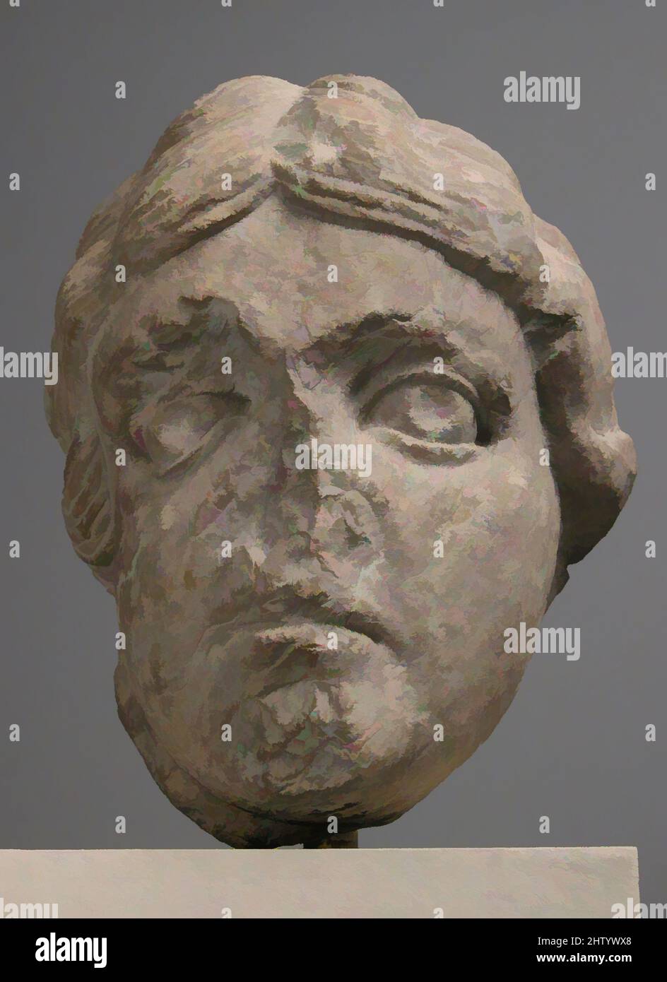 Art inspired by Head of a Youth, ca. 1150–75, Made in Provence, France, French, Limestone, Overall: 7 1/16 x 5 11/16 x 5 5/8 in. (18 x 14.4 x 14.3 cm), Sculpture-Stone, The pilgrimage church of Saint-Gilles-du-Gard reveals the strong influence of antiquity on Romanesque art in France, Classic works modernized by Artotop with a splash of modernity. Shapes, color and value, eye-catching visual impact on art. Emotions through freedom of artworks in a contemporary way. A timeless message pursuing a wildly creative new direction. Artists turning to the digital medium and creating the Artotop NFT Stock Photo