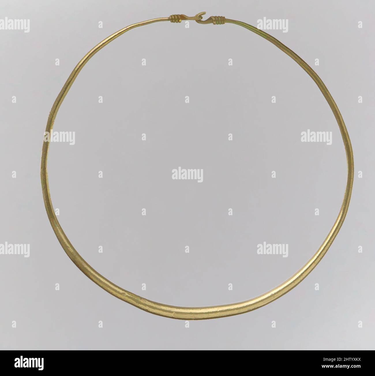 Art inspired by Gold Neck Ring, 5th century, East Germanic, Gold, Overall: 5 13/16 x 1/4 in. (14.7 x 0.6 cm), Metalwork-Gold, Among the Germanic peoples neck rings were worn by both men and women. The considerable weight—101.5 grams—indicates that this piece probably belonged to, Classic works modernized by Artotop with a splash of modernity. Shapes, color and value, eye-catching visual impact on art. Emotions through freedom of artworks in a contemporary way. A timeless message pursuing a wildly creative new direction. Artists turning to the digital medium and creating the Artotop NFT Stock Photo