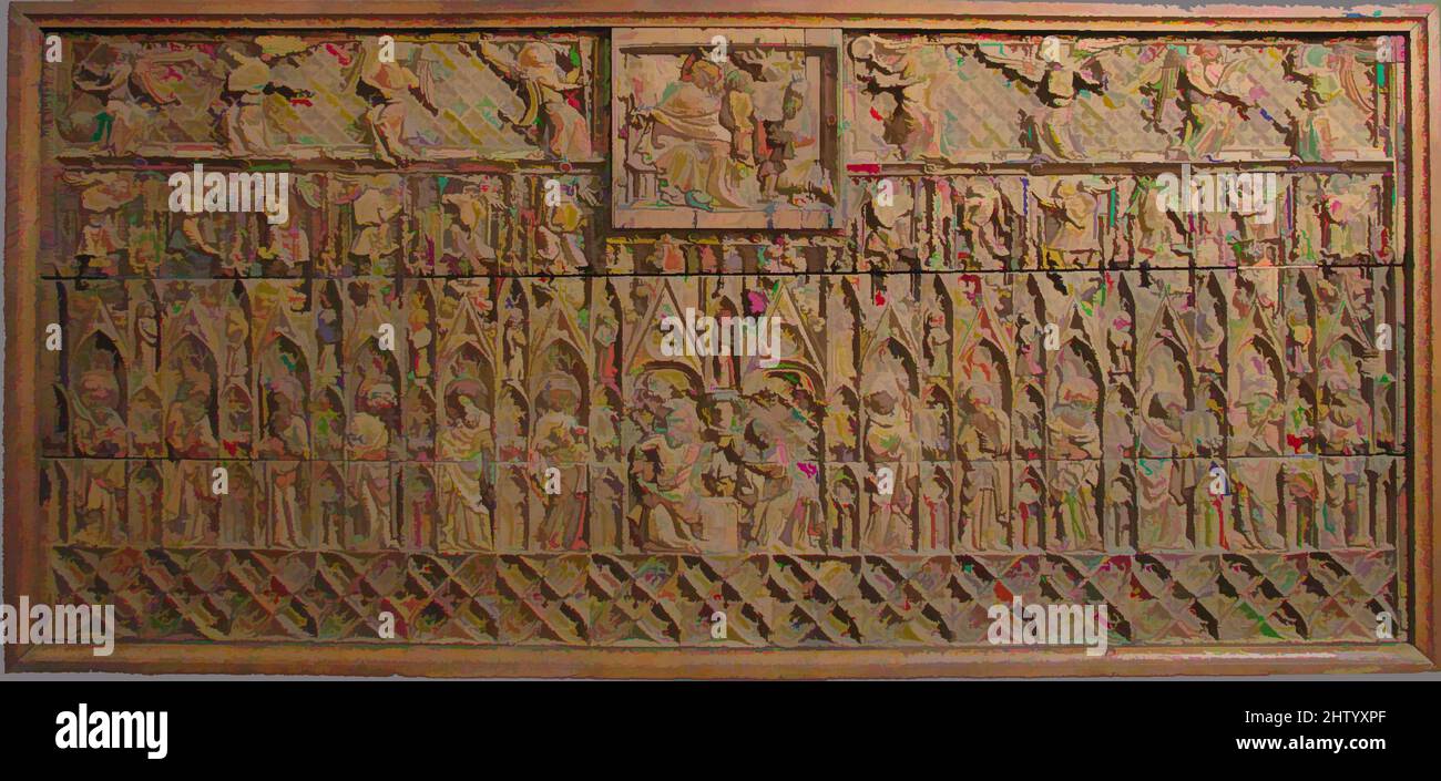 Art inspired by Altar Frontal, late 14th century, British, Oak, Overall (with frame): 30 3/16 x 64 3/8 x 3 in. (76.7 x 163.5 x 7.6 cm), Woodwork-Furniture, The central reliefs depict the Epiphany, or Adoration of the magi (above), and the Coronation of the Virgin (below). The twelve, Classic works modernized by Artotop with a splash of modernity. Shapes, color and value, eye-catching visual impact on art. Emotions through freedom of artworks in a contemporary way. A timeless message pursuing a wildly creative new direction. Artists turning to the digital medium and creating the Artotop NFT Stock Photo