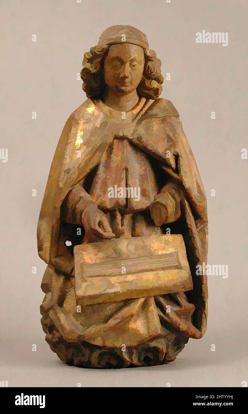 Art inspired by Angel, ca. 1460–80, Made in Rhine Valley, German, Wood, gilded and painted, Overall: 16 1/4 x 8 1/2 x 5 in. (41.3 x 21.6 x 12.7 cm), Sculpture-Wood, This wingless angel playing a dulcimer probably accompanied an angelic orchestra in a scene such as the Assumption or the, Classic works modernized by Artotop with a splash of modernity. Shapes, color and value, eye-catching visual impact on art. Emotions through freedom of artworks in a contemporary way. A timeless message pursuing a wildly creative new direction. Artists turning to the digital medium and creating the Artotop NFT Stock Photo