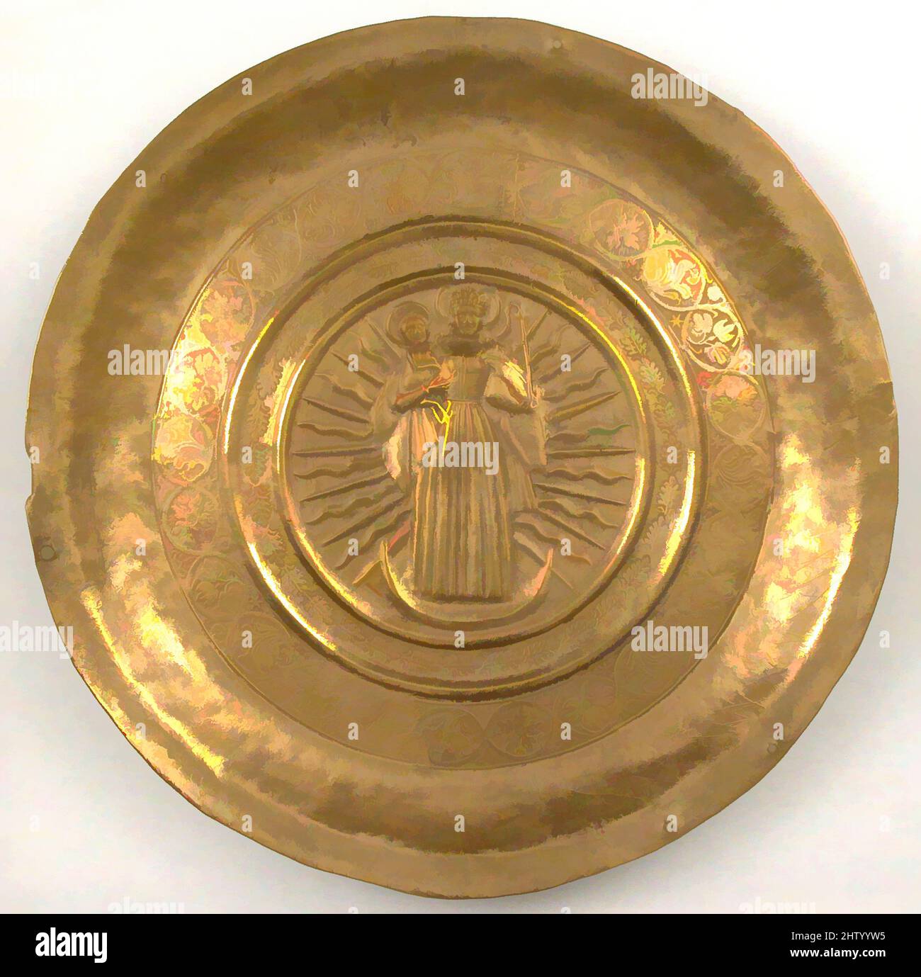 Art inspired by Dish, early 16th century, German, Brass, Overall: 12 7/16 x 7/8 in. (31.6 x 2.3 cm), Metalwork-Brass, Classic works modernized by Artotop with a splash of modernity. Shapes, color and value, eye-catching visual impact on art. Emotions through freedom of artworks in a contemporary way. A timeless message pursuing a wildly creative new direction. Artists turning to the digital medium and creating the Artotop NFT Stock Photo