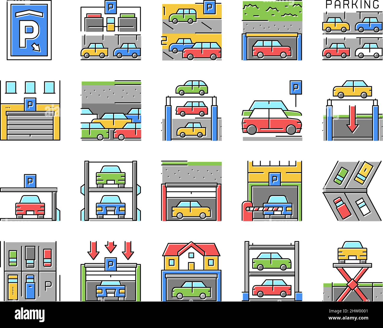 Underground Parking Collection Icons Set Vector Stock Vector Image ...