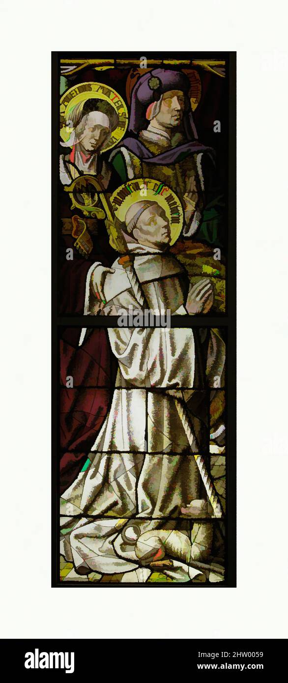 Art inspired by Stained Glass Panel with St. Bernard, ca. 1505–08, German, Pot-metal, white glass, vitreous paint, silver stain, Overall (with 1 T-bar): 64 9/16 x 21 3/8 x 1/2 in. (164 x 54.3 x 1.3 cm), Glass-Stained, These four scenes are probably part of the glazing from the, Classic works modernized by Artotop with a splash of modernity. Shapes, color and value, eye-catching visual impact on art. Emotions through freedom of artworks in a contemporary way. A timeless message pursuing a wildly creative new direction. Artists turning to the digital medium and creating the Artotop NFT Stock Photo
