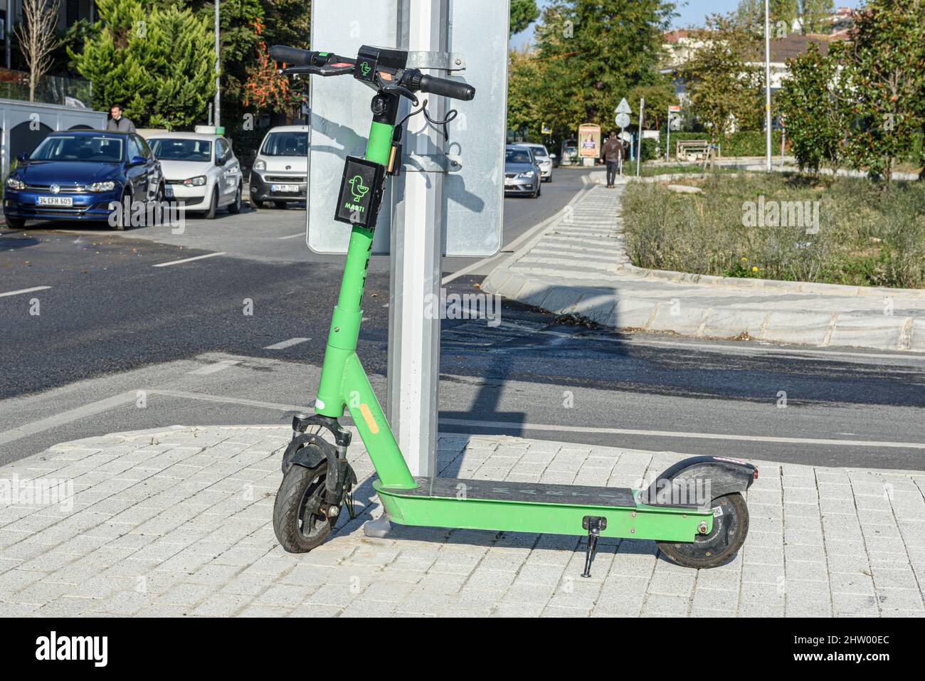 ISTANBUL, TURKEY MARCH 27, 2021 Rentable electric scooter that by