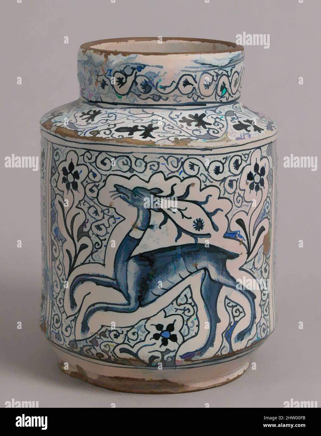 Art inspired by Pharmacy Jar, 1400s, Made in Florence, Tuscany, Italy, Italian, Tin-glazed earthenware, Overall: 9 3/16 x 6 7/8 in. (23.4 x 17.4 cm), Ceramics, Maiolica storage jars for Italian pharmacies were highly decorative and frequently combined animal and floral motifs, as, Classic works modernized by Artotop with a splash of modernity. Shapes, color and value, eye-catching visual impact on art. Emotions through freedom of artworks in a contemporary way. A timeless message pursuing a wildly creative new direction. Artists turning to the digital medium and creating the Artotop NFT Stock Photo