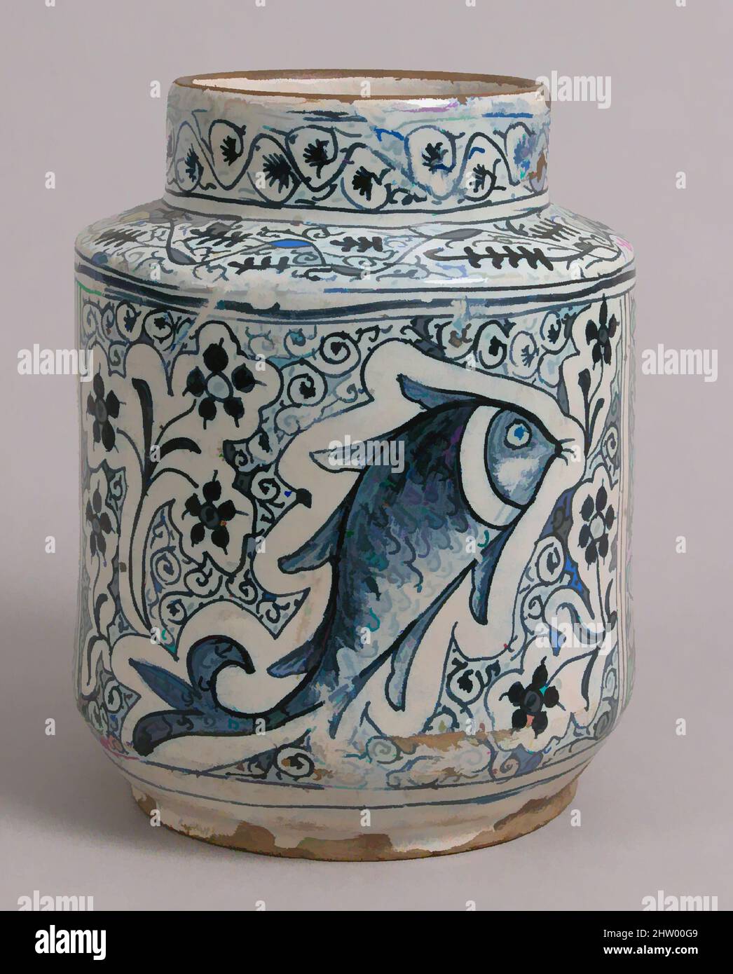 Art inspired by Pharmacy Jar, 1400s, Made in Florence, Tuscany, Italy, Italian, Tin-glazed earthenware, Overall: 9 x 7 3/16 in. (22.9 x 18.3 cm), Ceramics, Maiolica storage jars for Italian pharmacies were highly decorative and frequently combined animal and floral motifs, as, Classic works modernized by Artotop with a splash of modernity. Shapes, color and value, eye-catching visual impact on art. Emotions through freedom of artworks in a contemporary way. A timeless message pursuing a wildly creative new direction. Artists turning to the digital medium and creating the Artotop NFT Stock Photo