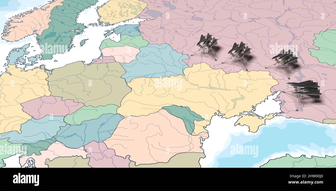 Ukraine - Russia War Map concept: Fighter jets at Russian border vs Ukraine and part of Europe. Cracked Ukrainian terrain. Small icons. War Jets Stock Photo