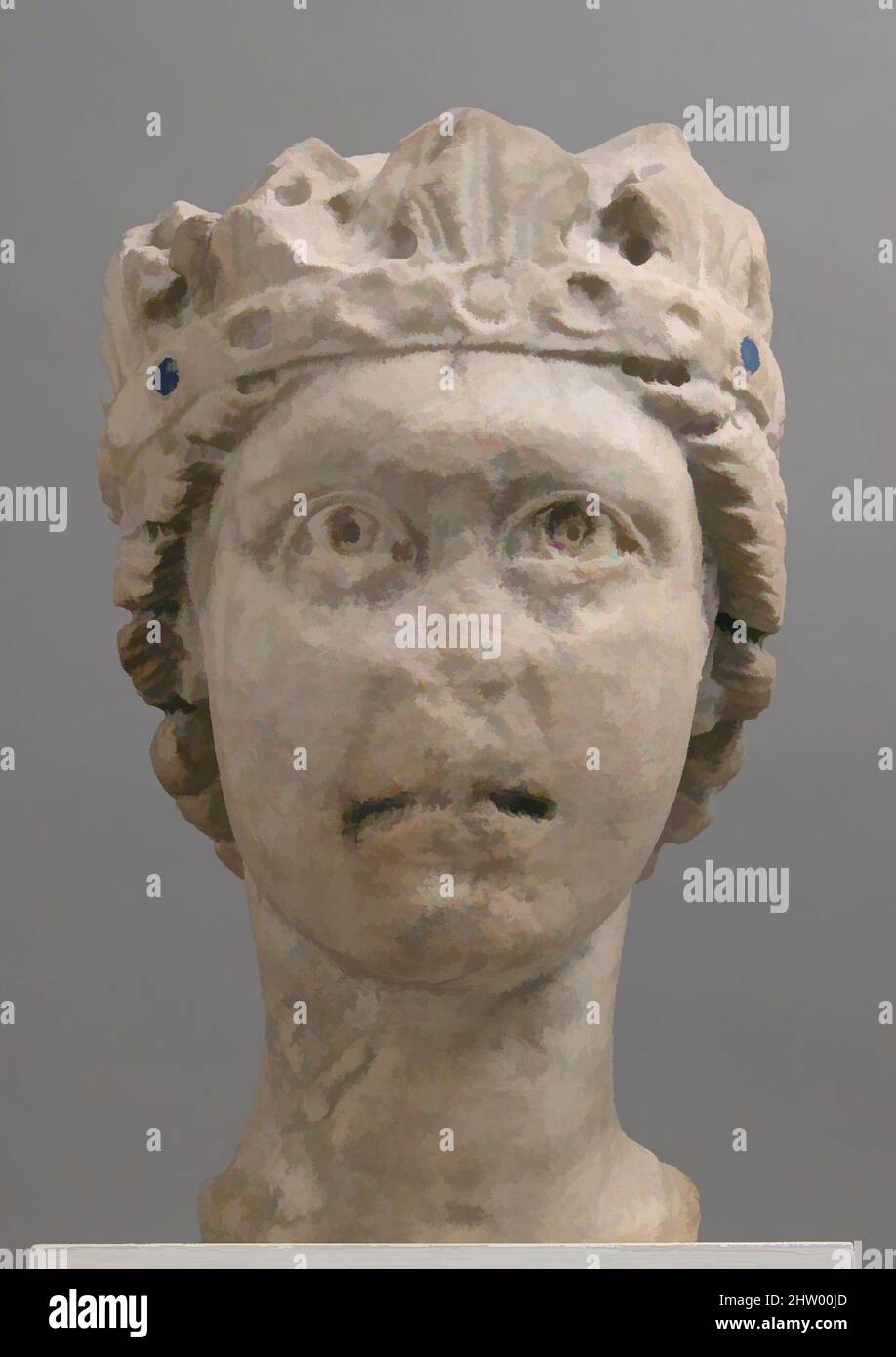 Art inspired by Crowned Head of a Woman, ca. 1270, Made in Campania probably, Southern Italy, South Italian, Marble (Lunense marble from Carrera (Italy), traces of lapis lazuli and lead, Overall (without mount): 13 3/4 x 7 7/8 x 7 5/8 in. (34.9 x 20 x 19.4 cm), Sculpture-Stone, This, Classic works modernized by Artotop with a splash of modernity. Shapes, color and value, eye-catching visual impact on art. Emotions through freedom of artworks in a contemporary way. A timeless message pursuing a wildly creative new direction. Artists turning to the digital medium and creating the Artotop NFT Stock Photo