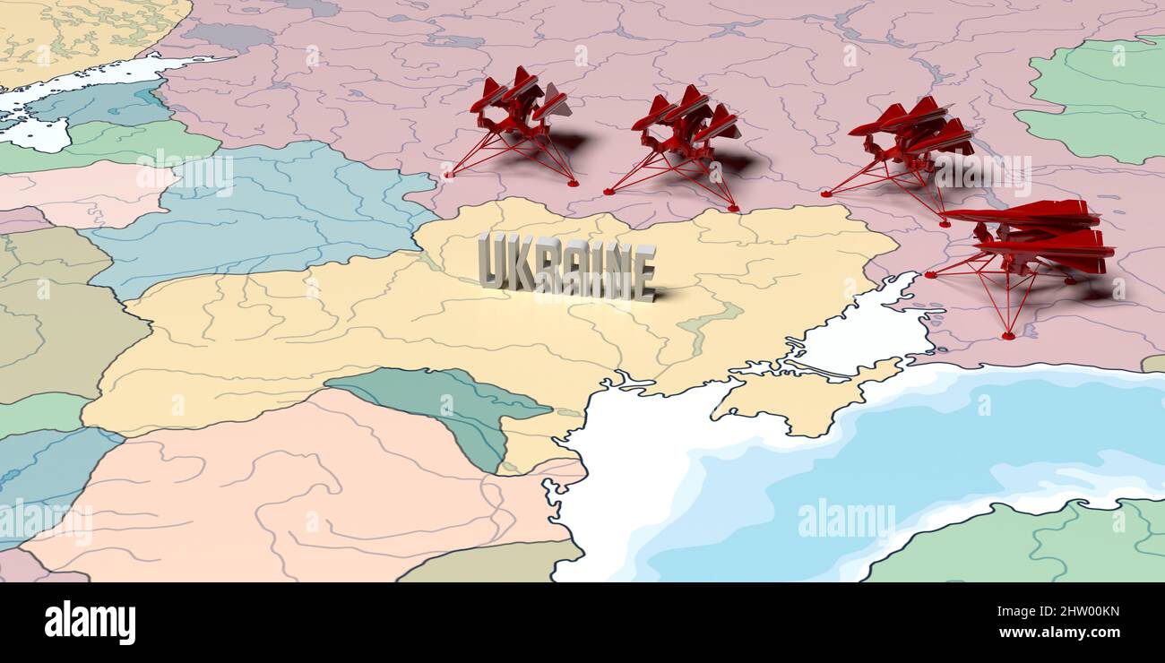 Ukraine - Russia War Map concept: Red Fighter jets at Russian border vs Ukraine and part of Europe. Cracked Ukrainian terrain. Small icons. Stock Photo