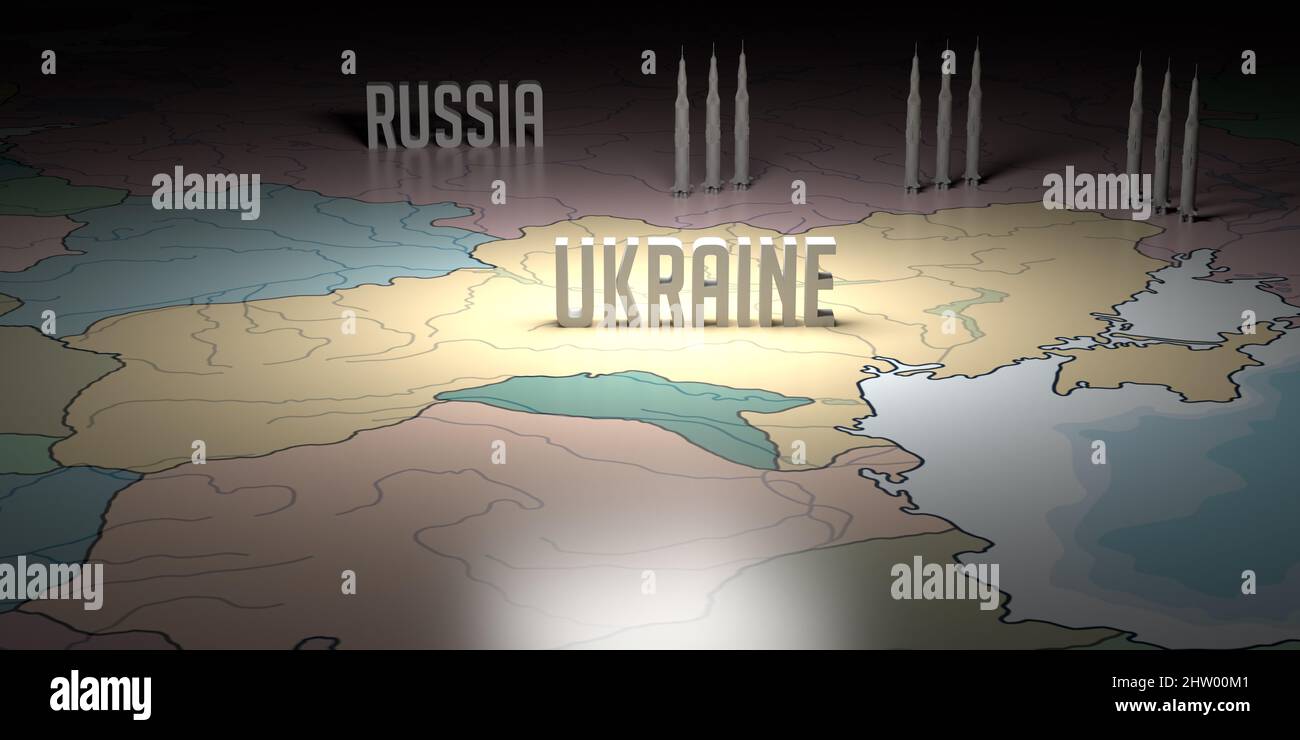 Part of Russia - Ukraine text on map with nuclear weapons. Russian and Europe border. Cracked Ukrainian terrain. Heavily armored military air missiles Stock Photo