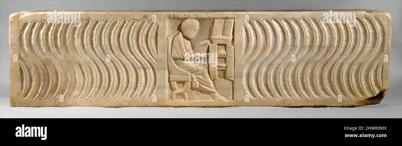 Art inspired by Sarcophagus with a Greek Physician, early 300s, Made in Ostia, Rome, Roman, Marble, 21 3/4 x 23 1/4 x 84 7/8 in. (55.2 x 59.1 x 215.6 cm), Sculpture-Stone, The tomb's owner is shown seated with an open scroll, the pose of a philosopher, demonstrating that he is a, Classic works modernized by Artotop with a splash of modernity. Shapes, color and value, eye-catching visual impact on art. Emotions through freedom of artworks in a contemporary way. A timeless message pursuing a wildly creative new direction. Artists turning to the digital medium and creating the Artotop NFT Stock Photo