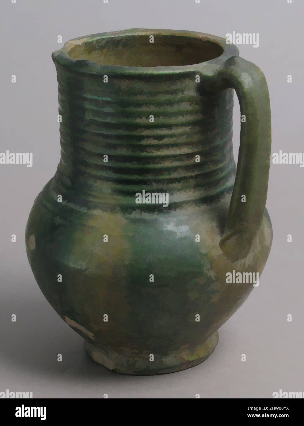 Art inspired by Jug, 13th–14th century, French, Earthenware, glaze, Overall: 6 11/16 x 4 15/16 x 5 3/8 in. (17 x 12.6 x 13.6 cm), Ceramics, Classic works modernized by Artotop with a splash of modernity. Shapes, color and value, eye-catching visual impact on art. Emotions through freedom of artworks in a contemporary way. A timeless message pursuing a wildly creative new direction. Artists turning to the digital medium and creating the Artotop NFT Stock Photo