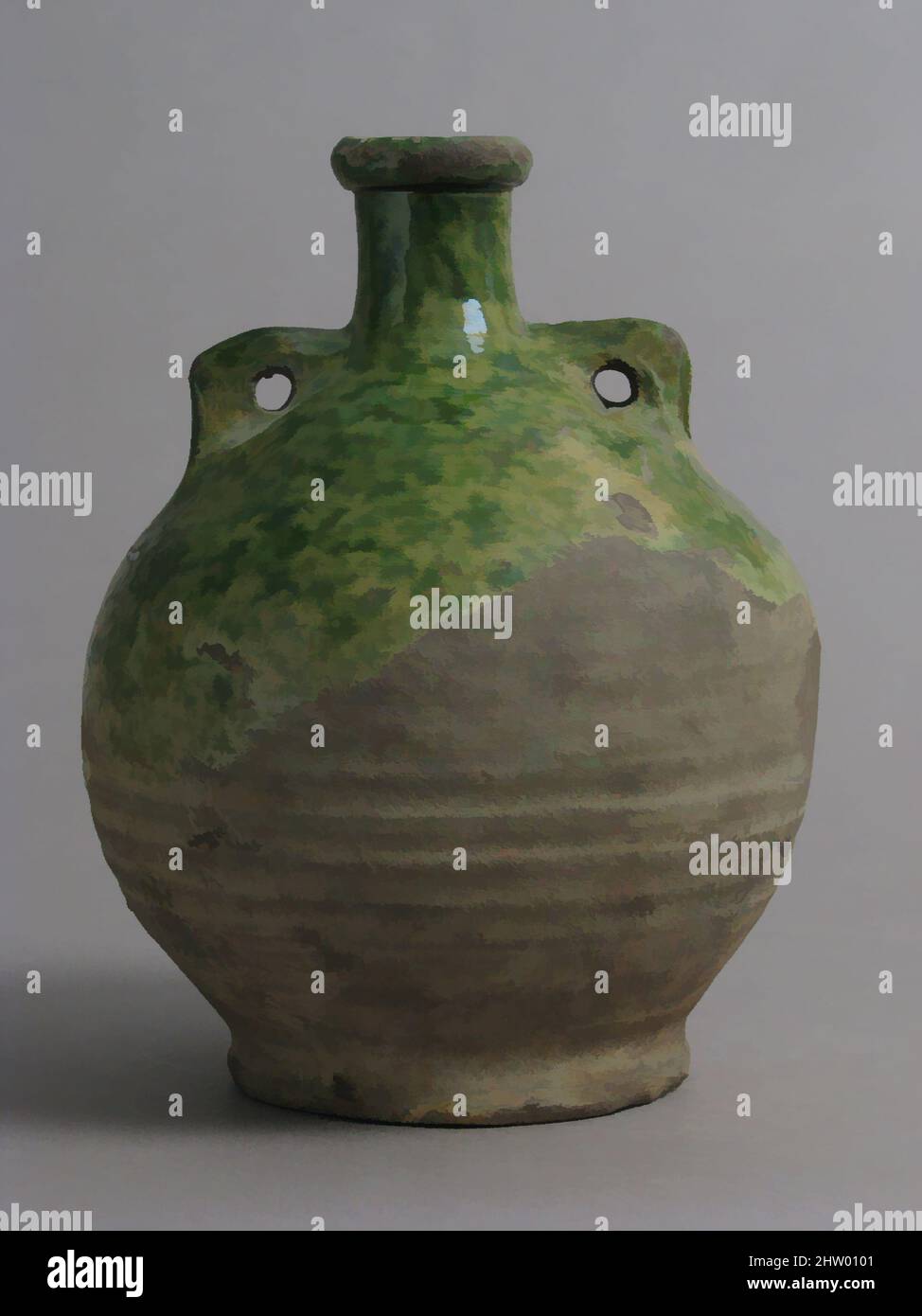 Art inspired by Flask, 1400–1600, Made in Surrey, England, British, Partially glazed earthenware, Overall: 7 1/8 x 5 1/2 in. (18.1 x 14 cm), Ceramics, This unusually shaped container probably required a cord, threaded through the two piercings, to facilitate pouring or to suspend it, Classic works modernized by Artotop with a splash of modernity. Shapes, color and value, eye-catching visual impact on art. Emotions through freedom of artworks in a contemporary way. A timeless message pursuing a wildly creative new direction. Artists turning to the digital medium and creating the Artotop NFT Stock Photo