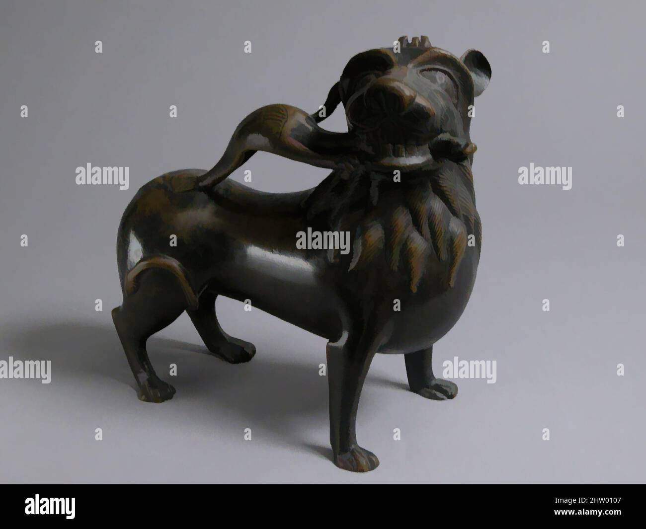 Art inspired by Aquamanile in the Form of a Lion, ca. 1200, North German, Copper alloy, Overall: 9 1/8 x 8 15/16 x 3 3/4 in. (23.2 x 22.7 x 9.5 cm), Metalwork-Copper alloy, This aquamanile is distinguished by the lion’s turned head, which grasps the neck of the dragon in its jaws. The, Classic works modernized by Artotop with a splash of modernity. Shapes, color and value, eye-catching visual impact on art. Emotions through freedom of artworks in a contemporary way. A timeless message pursuing a wildly creative new direction. Artists turning to the digital medium and creating the Artotop NFT Stock Photo