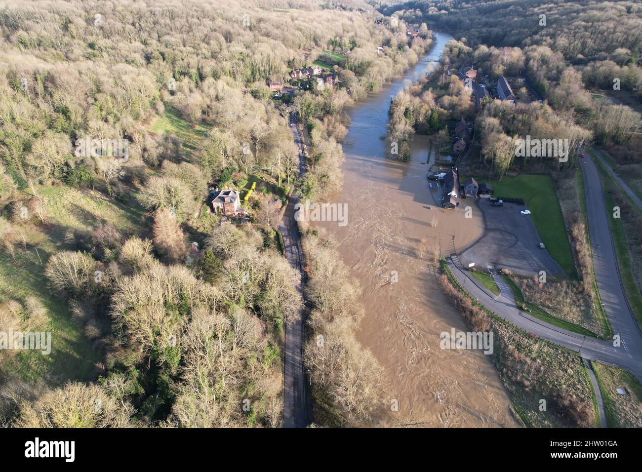 Flooded houses river Severn near Ironbridge England drone aerial view Stock Photo