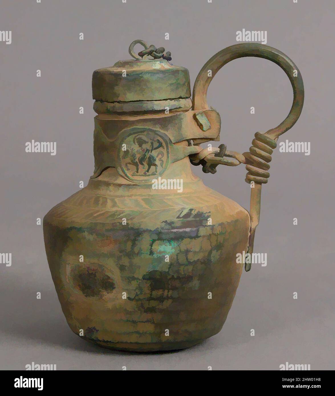 Art inspired by Jug with Medallions, 6th–8th century, Byzantine, Copper alloy, Overall: 4 15/16 x 4 x 3 3/8 in. (12.5 x 10.2 x 8.6 cm), Metalwork-Copper, The medallions wrapping around the neck of this jug, which was probably used to store liquids, are decorated with images of mounted, Classic works modernized by Artotop with a splash of modernity. Shapes, color and value, eye-catching visual impact on art. Emotions through freedom of artworks in a contemporary way. A timeless message pursuing a wildly creative new direction. Artists turning to the digital medium and creating the Artotop NFT Stock Photo
