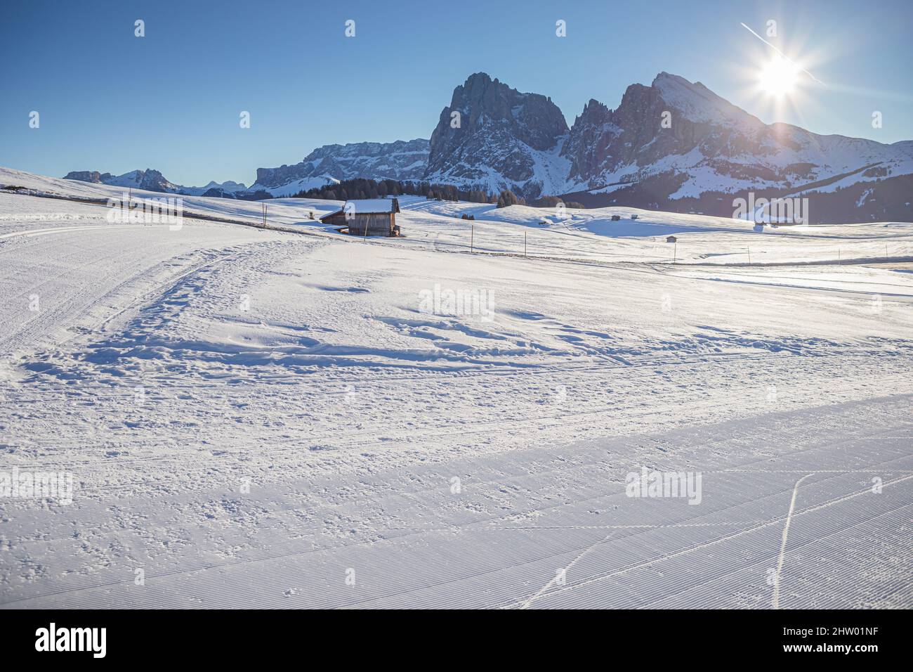The skiing area Groeden with Seiser Alm, St. Ulrich, St. Christina and Wolkenstein areas in Dolomite Alps, South Tyrol, Italy Stock Photo