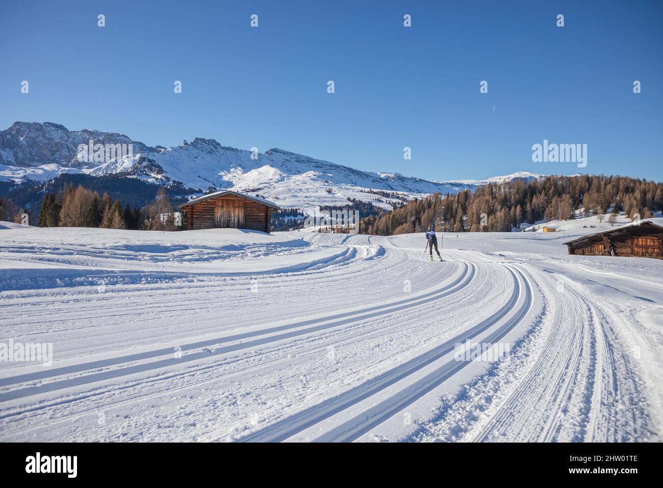 The skiing area Groeden with Seiser Alm, St. Ulrich, St. Christina and Wolkenstein areas in Dolomite Alps, South Tyrol, Italy Stock Photo