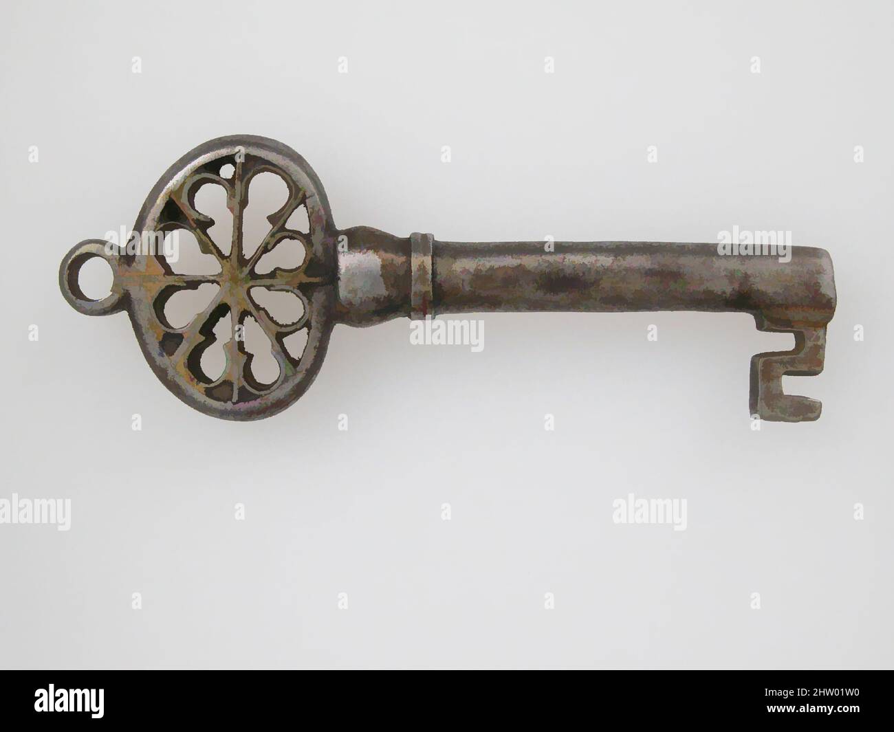 Art inspired by Key, 15th–16th century, Made in Catalonia, Spain, Catalan, Iron, Overall: 3 3/4 x 1 5/16 x 7/16 in. (9.5 x 3.4 x 1.1 cm), Metalwork-Iron, The decoration of Gothic iron locks and keys was often elaborate and of the highest standard of workmanship. The motifs were, Classic works modernized by Artotop with a splash of modernity. Shapes, color and value, eye-catching visual impact on art. Emotions through freedom of artworks in a contemporary way. A timeless message pursuing a wildly creative new direction. Artists turning to the digital medium and creating the Artotop NFT Stock Photo