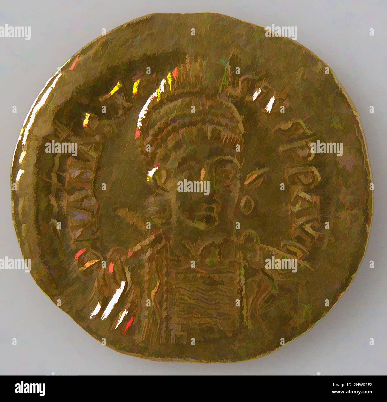 Art inspired by Solidus, 491–518, Made in Constantinople, Byzantine, Gold, Overall: 13/16 x 1/16 in. (2 x 0.1 cm), Coins, Classic works modernized by Artotop with a splash of modernity. Shapes, color and value, eye-catching visual impact on art. Emotions through freedom of artworks in a contemporary way. A timeless message pursuing a wildly creative new direction. Artists turning to the digital medium and creating the Artotop NFT Stock Photo