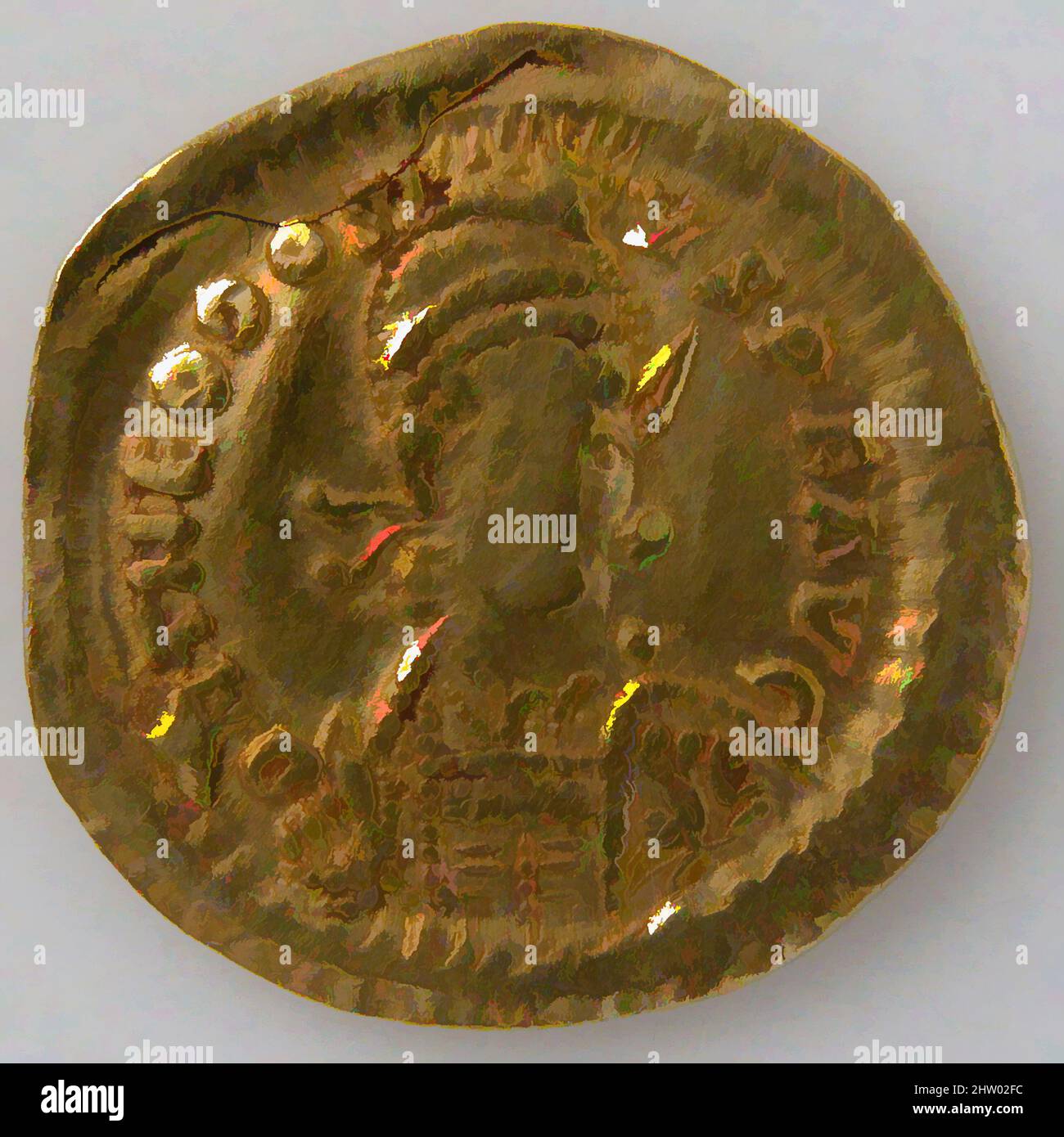 Art inspired by Solidus, 408–518, Made in Constantinople, Byzantine, Gold, Overall: 13/16 x 1/16 in. (2 x 0.1 cm), Coins, Classic works modernized by Artotop with a splash of modernity. Shapes, color and value, eye-catching visual impact on art. Emotions through freedom of artworks in a contemporary way. A timeless message pursuing a wildly creative new direction. Artists turning to the digital medium and creating the Artotop NFT Stock Photo