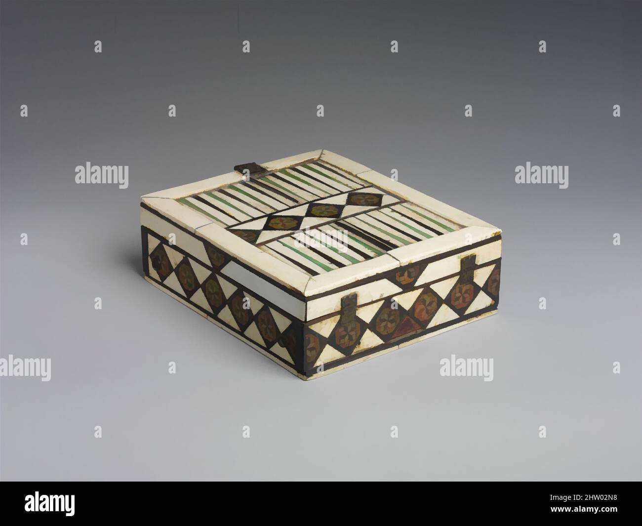 Art inspired by Game Box, 14th century, Italian, Bone, wood, stain over wood core with paper and textile lining, metal mounts, Overall: 2 11/16 x 7 11/16 x 6 5/16 in. (6.9 x 19.6 x 16.1 cm), Ivories-Bone, Bone and wood inlays embellish exterior of this wood box. The top is designed for, Classic works modernized by Artotop with a splash of modernity. Shapes, color and value, eye-catching visual impact on art. Emotions through freedom of artworks in a contemporary way. A timeless message pursuing a wildly creative new direction. Artists turning to the digital medium and creating the Artotop NFT Stock Photo