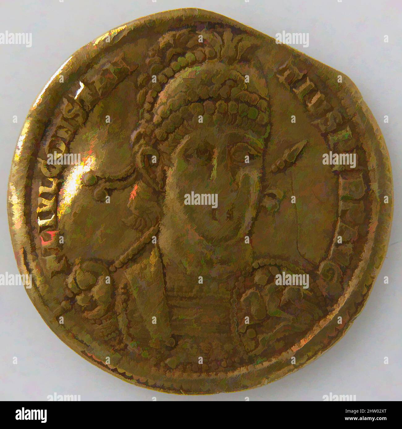Art inspired by Solidus, 349–359, Byzantine, Gold, Overall: 13/16 x 1/16 in. (2 x 0.1 cm), Coins, Classic works modernized by Artotop with a splash of modernity. Shapes, color and value, eye-catching visual impact on art. Emotions through freedom of artworks in a contemporary way. A timeless message pursuing a wildly creative new direction. Artists turning to the digital medium and creating the Artotop NFT Stock Photo