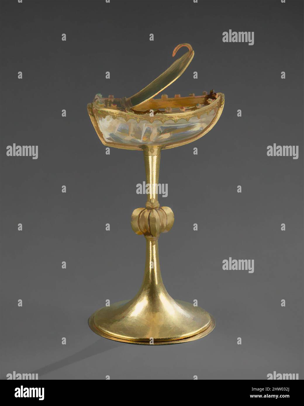 Art inspired by Saltcellar, mid-13th century, Made in Paris, France, French, Gold, rock crystal, emeralds, pearls, spinel or balas rubies, H. 5 1/2 in. (14 cm); Diam. of foot: 3 1/8 in. (7.9 cm), Metalwork-Gold, Refined design, exquisite craftsmanship, and costly materials make this a, Classic works modernized by Artotop with a splash of modernity. Shapes, color and value, eye-catching visual impact on art. Emotions through freedom of artworks in a contemporary way. A timeless message pursuing a wildly creative new direction. Artists turning to the digital medium and creating the Artotop NFT Stock Photo