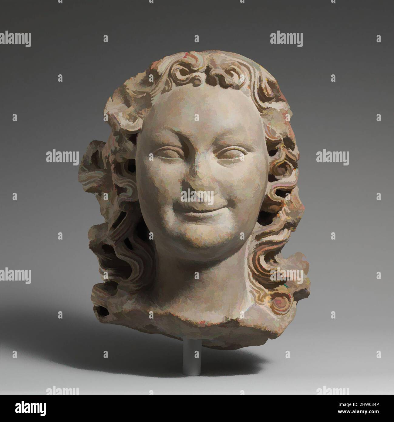 Art inspired by Head of an Angel (?), ca. 1250, Made in Paris, France, French, Limestone, paint, 9 5/8 × 6 3/4 × 5 13/16 in. (24.5 × 17.2 × 14.8 cm), Sculpture-Stone, The enigmatic smile and lyrical treatment of the hair distinguish this angelic head as an outstanding example of mid-, Classic works modernized by Artotop with a splash of modernity. Shapes, color and value, eye-catching visual impact on art. Emotions through freedom of artworks in a contemporary way. A timeless message pursuing a wildly creative new direction. Artists turning to the digital medium and creating the Artotop NFT Stock Photo