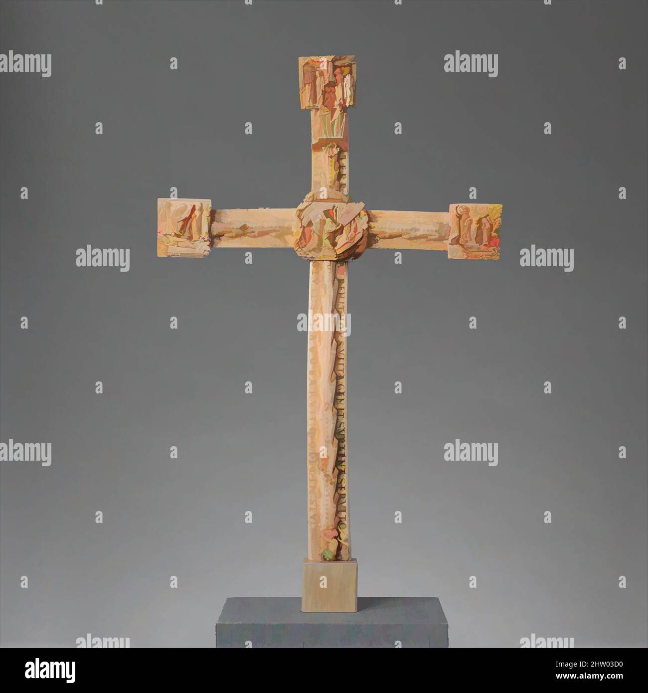 Art inspired by The Cloisters Cross, ca. 1150–60, British, Walrus ivory, Overall: 22 5/8 x 14 1/4in. (57.5 x 36.2cm), Ivories, One of the masterpieces of Romanesque art, this altar cross with some ninety-two figures and ninety-eight inscriptions is the vehicle for a complex, Classic works modernized by Artotop with a splash of modernity. Shapes, color and value, eye-catching visual impact on art. Emotions through freedom of artworks in a contemporary way. A timeless message pursuing a wildly creative new direction. Artists turning to the digital medium and creating the Artotop NFT Stock Photo
