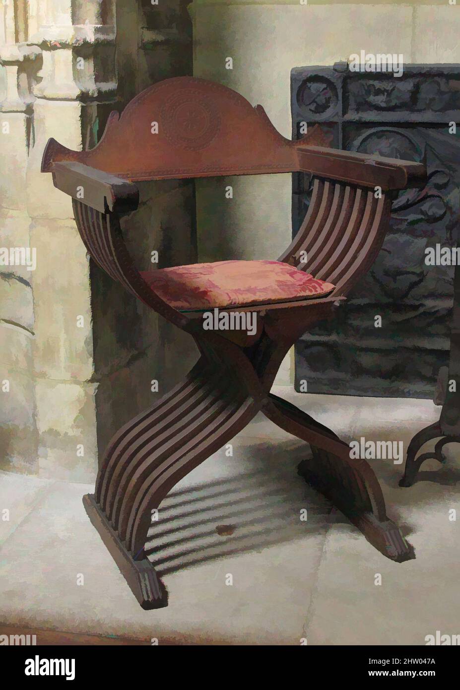 Art inspired by Folding Armchair, late 15th or early 16th century, Italian, Walnut, Overall: 37 x 26 in. (94 x 66 cm), Woodwork-Furniture, Classic works modernized by Artotop with a splash of modernity. Shapes, color and value, eye-catching visual impact on art. Emotions through freedom of artworks in a contemporary way. A timeless message pursuing a wildly creative new direction. Artists turning to the digital medium and creating the Artotop NFT Stock Photo