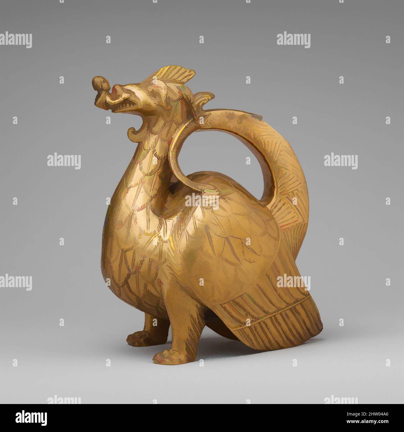 Art inspired by Aquamanile in the Form of a Dragon, ca. 1200, North German, Copper alloy, Overall: 8 3/4 x 7 1/4 in., 4.4 lb. (22.2 x 18.4 cm, 2 kg), Metalwork-Copper alloy, Aquamaniles, which are water vessels used for washing hands, served both liturgical and secular purposes. Those, Classic works modernized by Artotop with a splash of modernity. Shapes, color and value, eye-catching visual impact on art. Emotions through freedom of artworks in a contemporary way. A timeless message pursuing a wildly creative new direction. Artists turning to the digital medium and creating the Artotop NFT Stock Photo