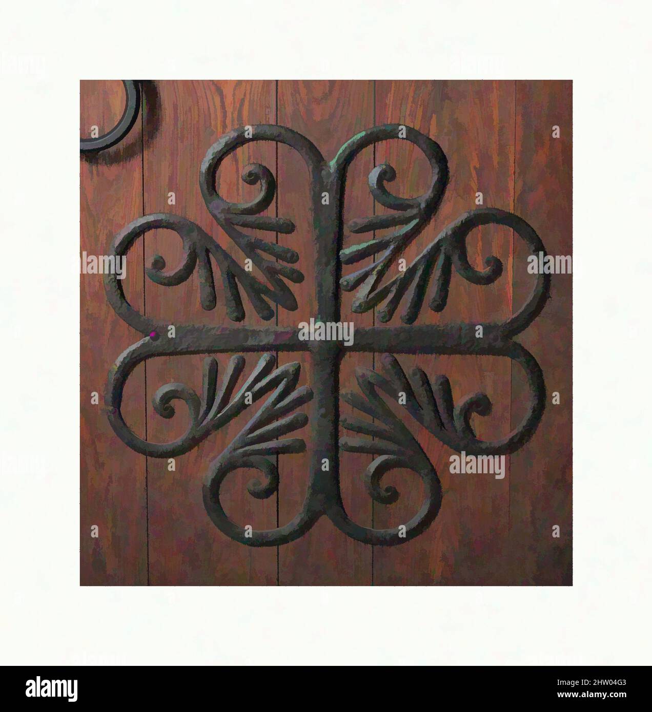 Art inspired by Door Mount, possibly 11th century, Made in Limousin, France, French, Iron, Overall: 27 1/2 x 28 1/4 in. (69.9 x 71.8 cm), Metalwork-Iron, Their utilitarian function notwithstanding, medieval door mounts are often ornately designed, with geometric and fanciful motifs, Classic works modernized by Artotop with a splash of modernity. Shapes, color and value, eye-catching visual impact on art. Emotions through freedom of artworks in a contemporary way. A timeless message pursuing a wildly creative new direction. Artists turning to the digital medium and creating the Artotop NFT Stock Photo