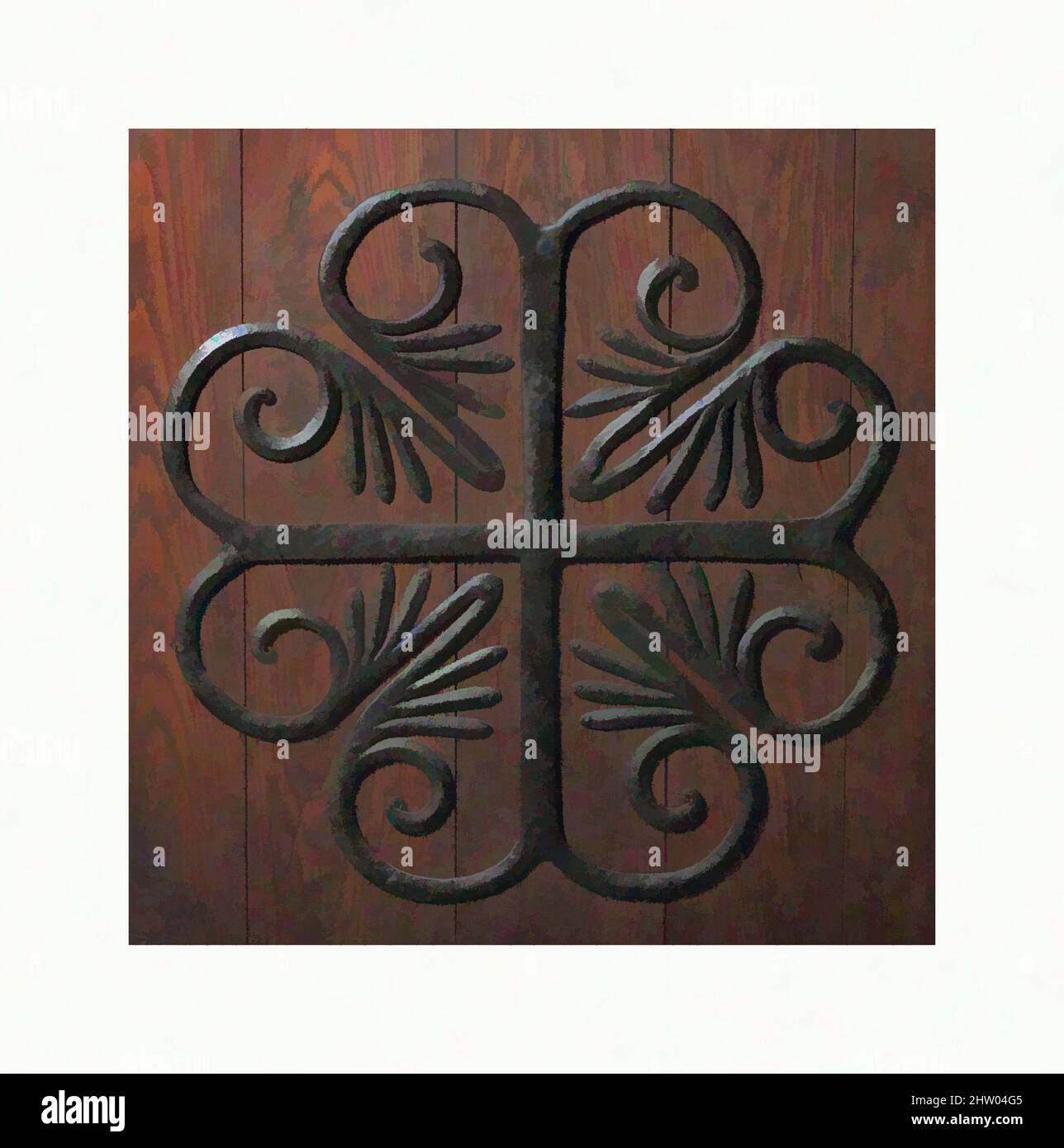 Art inspired by Door Mount, possibly 11th century, Made in Limousin, France, French, Iron, Overall: 28 3/8 x 28 3/8 in. (72.1 x 72.1 cm), Metalwork-Iron, Their utilitarian function notwithstanding, medieval door mounts are often ornately designed, with geometric and fanciful motifs, Classic works modernized by Artotop with a splash of modernity. Shapes, color and value, eye-catching visual impact on art. Emotions through freedom of artworks in a contemporary way. A timeless message pursuing a wildly creative new direction. Artists turning to the digital medium and creating the Artotop NFT Stock Photo