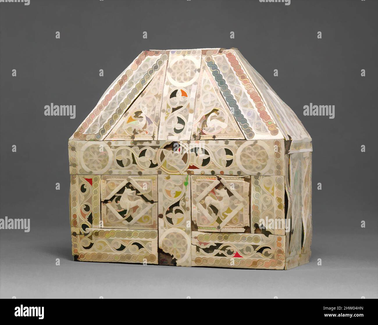 Art inspired by Bursa Reliquary, 10th century, North Italian, Bone, copper-gilt, wood, Overall: 7 3/4 x 7 5/16 x 3 1/4in. (19.7 x 18.6 x 8.3cm), Ivories, The flat, geometric, and abstract style of the designs on this reliquary is similar to ivory carvings and architectural decoration, Classic works modernized by Artotop with a splash of modernity. Shapes, color and value, eye-catching visual impact on art. Emotions through freedom of artworks in a contemporary way. A timeless message pursuing a wildly creative new direction. Artists turning to the digital medium and creating the Artotop NFT Stock Photo