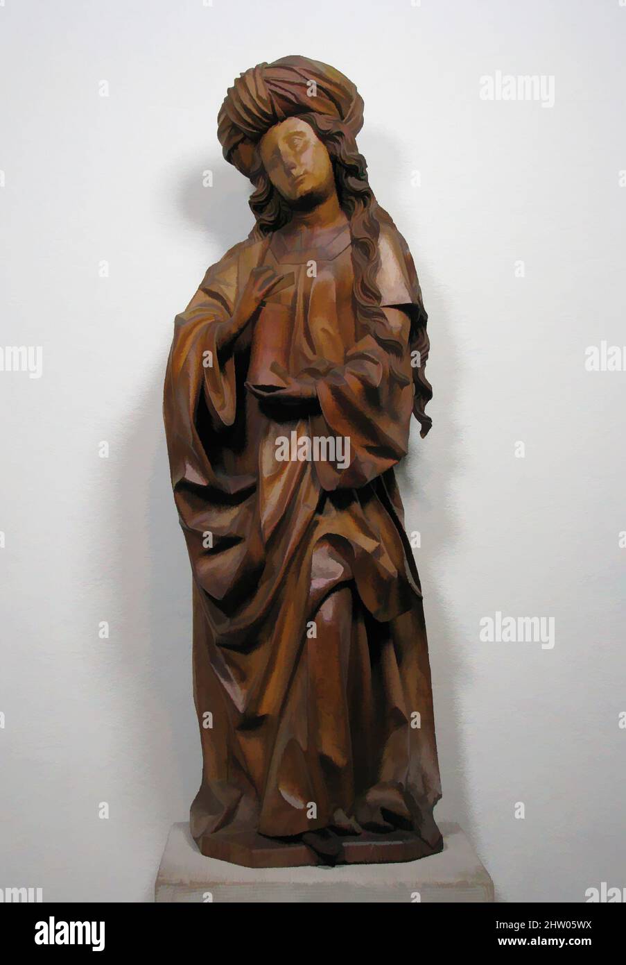 Art inspired by Saint Mary Magdalene, late 15th century, Made in probably Swabia, Germany, German, Limewood, Overall: 48 1/2 x 17 x 11 5/8 in. (123.2 x 43.2 x 29.5 cm), Sculpture-Wood, The calm, remote face and the broad sweep of drapery produce a serene nobility characteristic of, Classic works modernized by Artotop with a splash of modernity. Shapes, color and value, eye-catching visual impact on art. Emotions through freedom of artworks in a contemporary way. A timeless message pursuing a wildly creative new direction. Artists turning to the digital medium and creating the Artotop NFT Stock Photo
