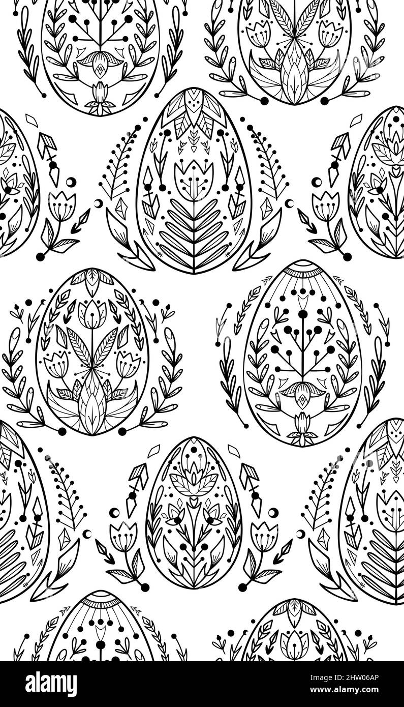 Vector seamless pattern with contour Easter eggs with a folk pattern and floral ornaments. Outline texture with festive treat with a folk decoration o Stock Vector